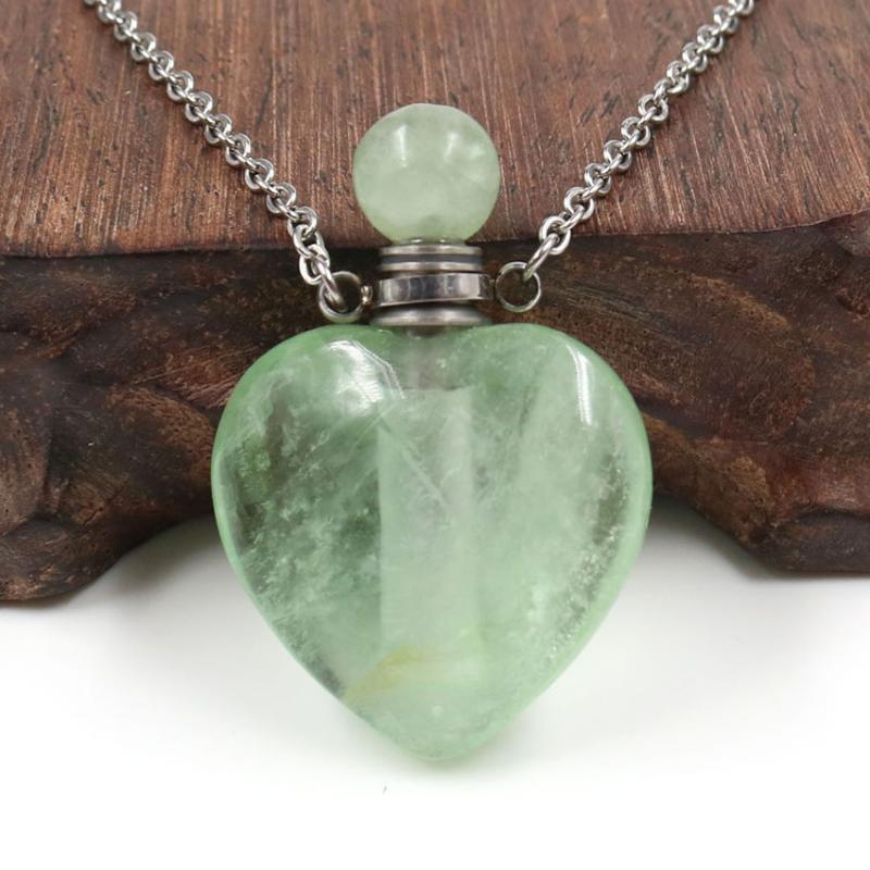 

Pendant Necklaces FYJS Unique Jewelry Stainless Steel Love Heart Green Fluorite Stone Perfume Bottle Link Chain Necklace