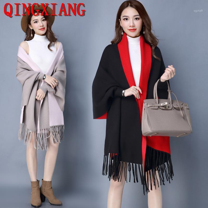 

Scarves 2021 Oversize Autumn Black With Grey Scarf Winter Knitted Poncho Women Solid Designer Female Long Sleeves Wrap Two Color Shawl, Blue;gray