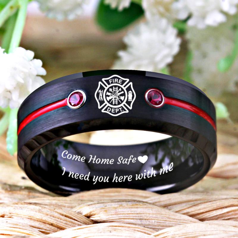 

Wedding Rings Firefighter Design Fireman Fire Ring Men's Black Tungsten With Red Groove CZ Anniversary Gift