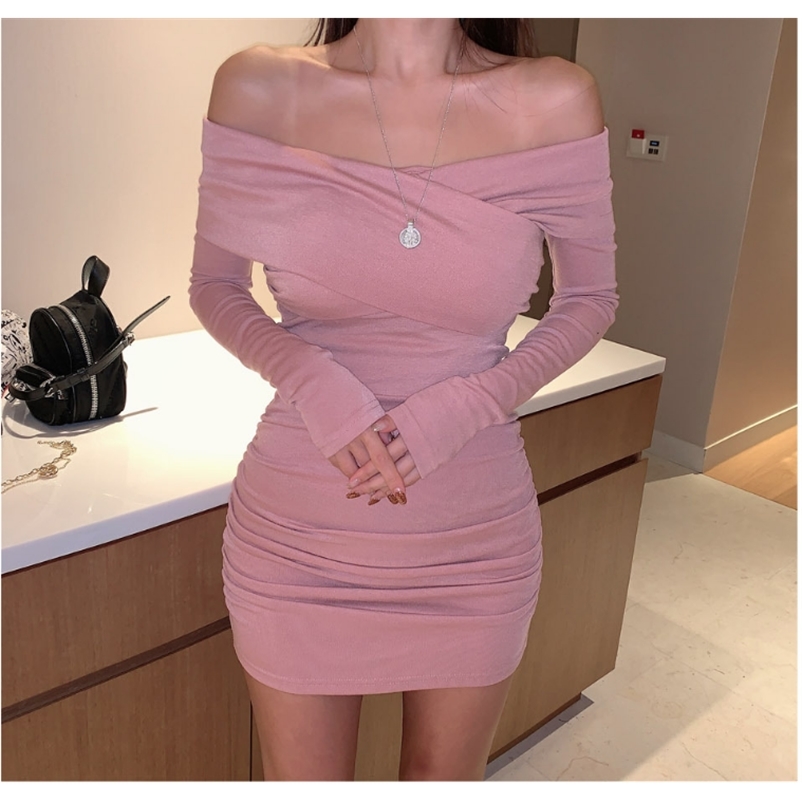 

South Korea Dongdaemun women's autumn slim and sexy figure waist bag hip strapless long-sleeved dress 210603, Pink