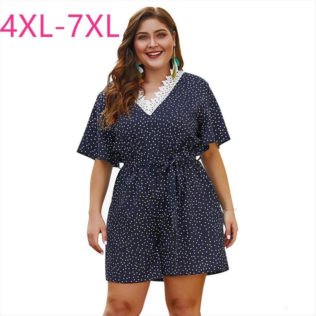 

summer plus size large women rompers short sleeve loose print dot lace blue v neck jumpsuits belt 4xl 5xl 6xl, Black;white