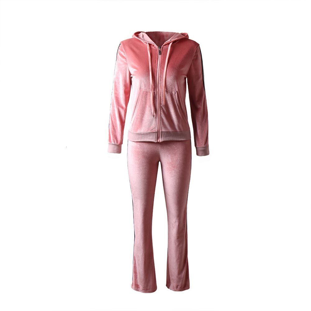 

2021 New Women Causal Flannel Two Pieces Sets Vintage Suits Zipper Hoodied and Long Jogging Pants Tracksuit Fashion O9u2, Pink