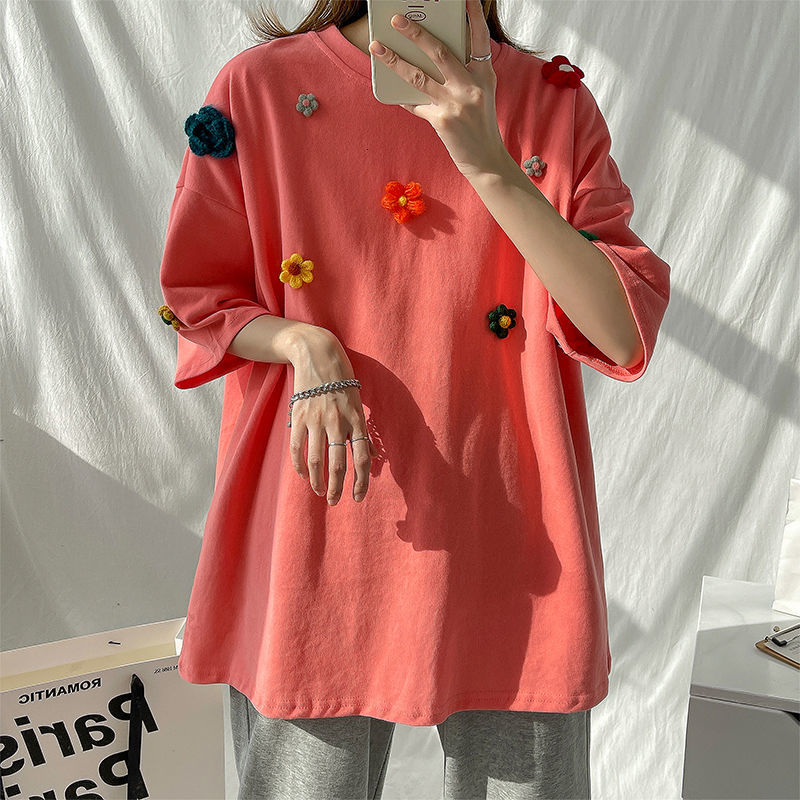 

New 2021 Male Summer Lets Loose Cotton Clothes Tshirts Flower Embroidered Around the Neck Short Sleeve T-shirt Trend Casual Fashion T-shirts, Black