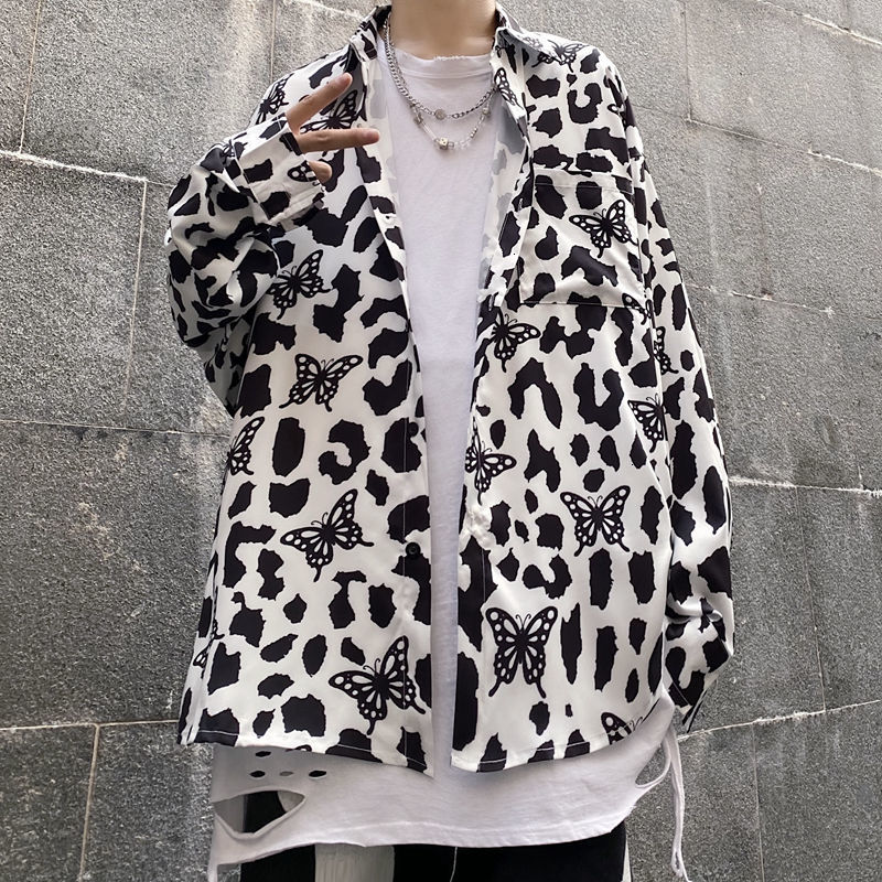 

2021 New Men's Trendy Leopard Printed Camisa Masculina Long Sleeve Hawaiian Shirt French Cuff Mens Clothes Fashion Shirts Size -xl Vmh8, White