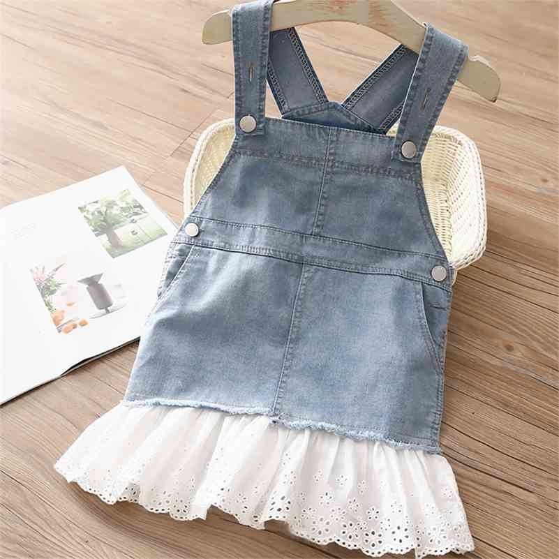 

Girls All Match Demi Vest Dresses Spring Autumn 2-8 9 10 Years Child Kids Sleeveless Baby Tank Dress With Lace Patchwork 210701, Blue