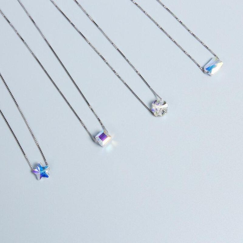 

Pendant Necklaces 925 Sterling Silver Jewelry Korean Fashion Genuine Light Candy Square Star Crystal Clavicle Chain Female Necklace