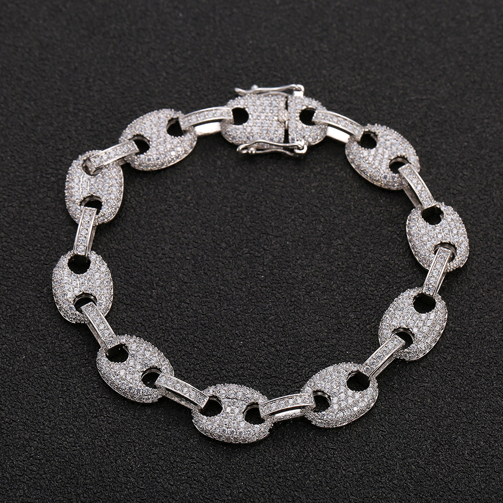 

Iced Out Zircon Bead Chain Bracelet Copper Material Gold Silver Color Bling Bling CZ Men Hip hop Bracelet, Golden;silver