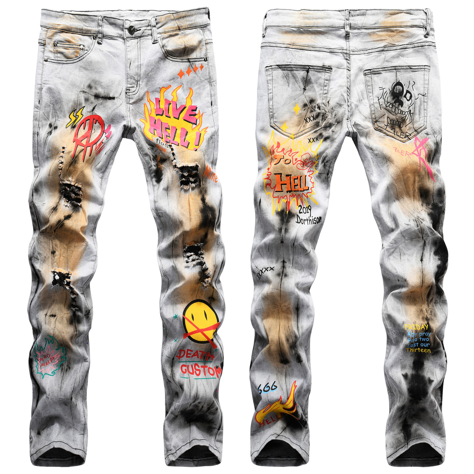 

2021 New Men's Male Trousers Street Hip-hop Style Bleaching Dyeing and Pigment Slim Stretch Painted Printing Jeans Denim Pants K9cm, Gray