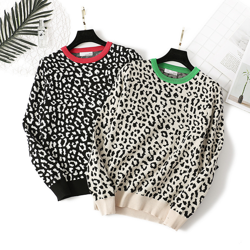 

2021 Autumn The-neck Pullovers Stamped Female Leopard Knitting Winter Sweater Pull Femme 4608, Red black