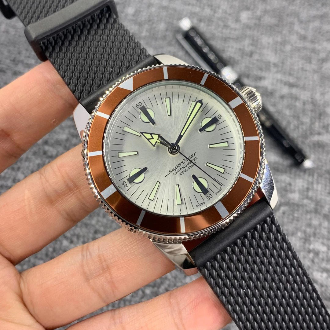 

N Quality Right Hand Silver Watches SUPEROCEAN HERITAGE Automatic Mechanical Movement Watch Rubber Strap Floding Clasp Mens Dress Wrist, No send watch for shipping