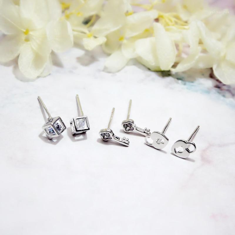 

Stud Genuine 925 Sterling Silver Key Geometric Earrings For Women Girls Korean Tiny Zircon Earring Set Jewelry Accessories, Golden;silver