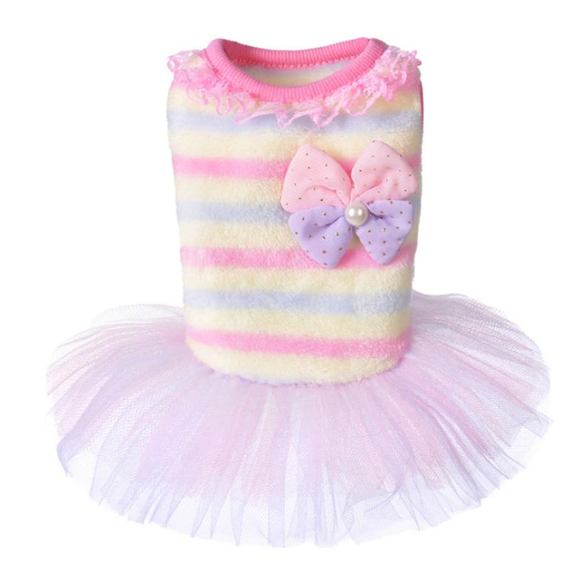 

Dog Apparel Warm & Cosy Coral Fleece Puppy Dress Cute Bowtie Pet Cat Princess Tutu Lace Doggie Clothes Winter Kitten Costume