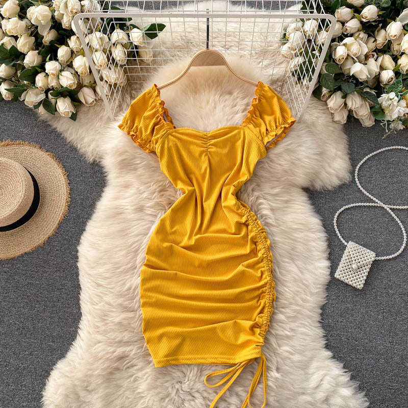 

Ribbed Bodycon Sexy Party Dress Fashion Streetwear Solid Square Collar Short Sleeve Ruched Drawstring Knitted Women Summer Dress Y0603, White