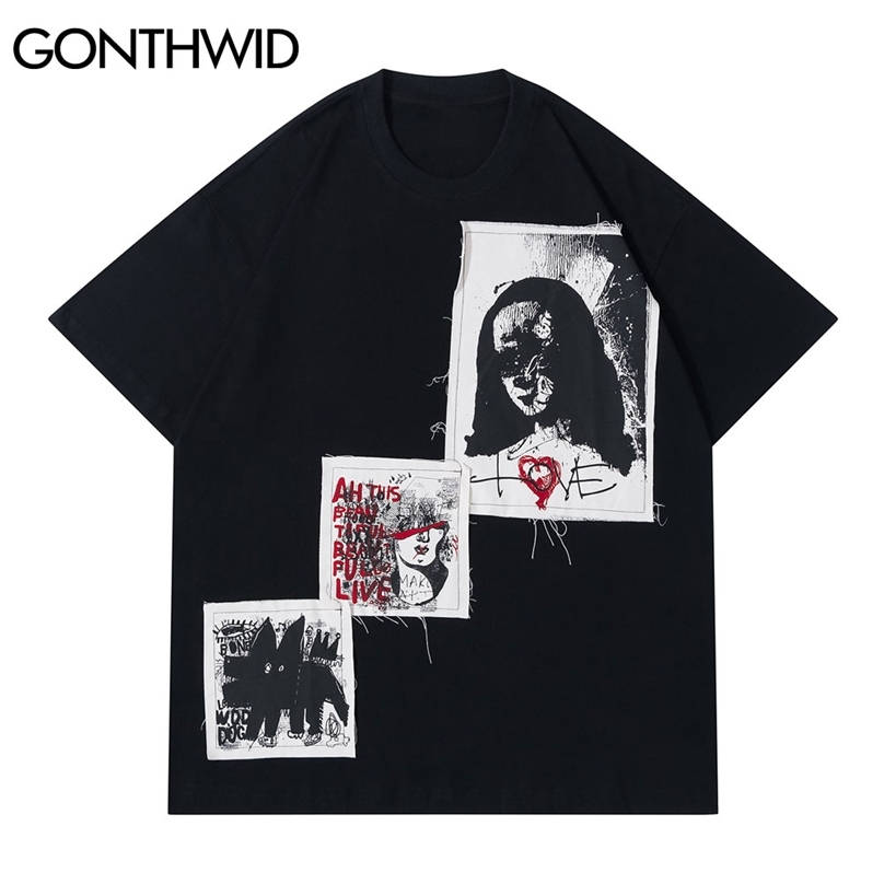 

T-Shirt Streetwear Hip Hop Graffiti Patchwork Punk Rock Gothic Tees Shirts Men Harajuku Casual Cotton Short Sleeve Tops 210602, Black