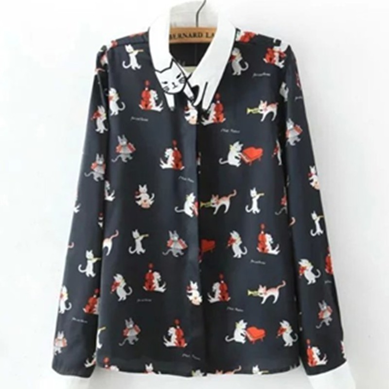 

2021 New Print Cute Cat Piano Women Blouse Lady Chiffon Blusas Tops Long Sleeve Shirts Female Casual Turn Down Collar Shirt Blouses Fq61, Pink