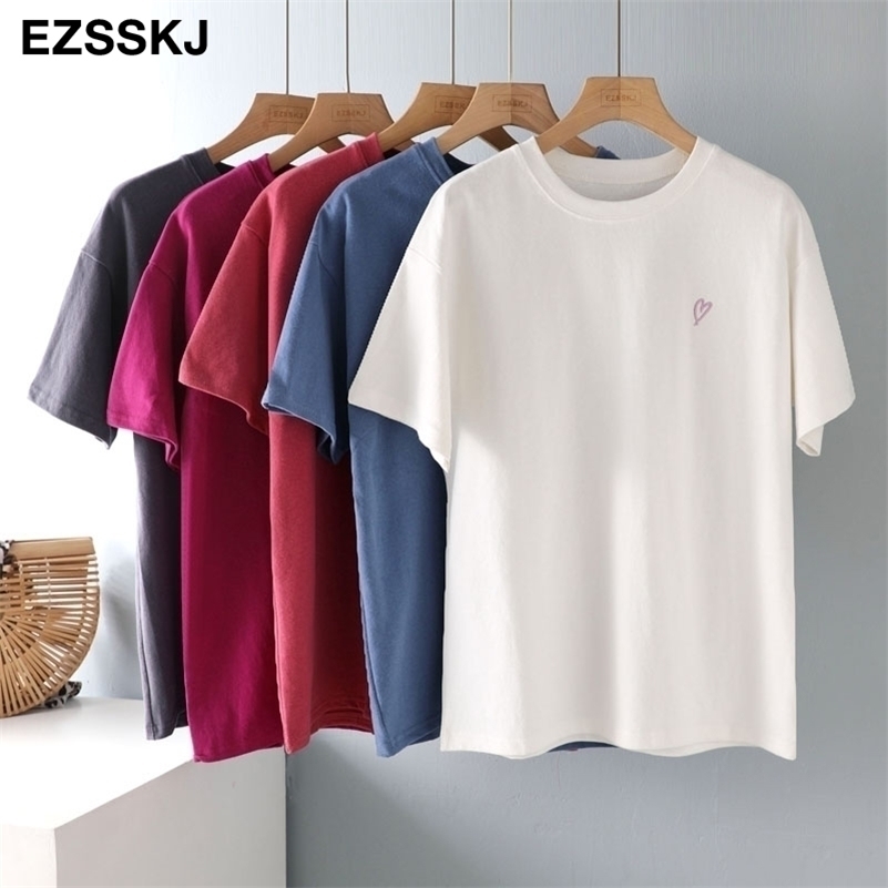 

spring summer Women oversize heart T-shirt Casual Loose cotton long T-shirt Female Basic Thick Tops 210719, Rose red
