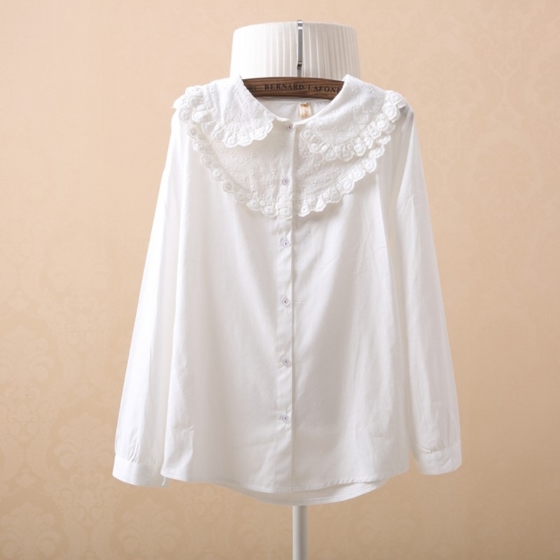 

Merry Pretty white blouse women long sleeve cotton womens tops and blouses sweet Peter pan collar girl blusas mujer de moda 210601