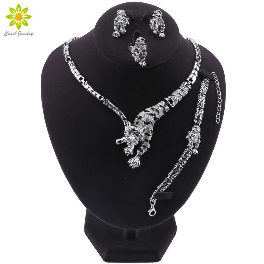 

Leopard Panther Animal Jewelry Set Enamel Crystal Rhinestone Necklace Earrings Bracelet Ring Set For Women Party Jewelry H1022, White