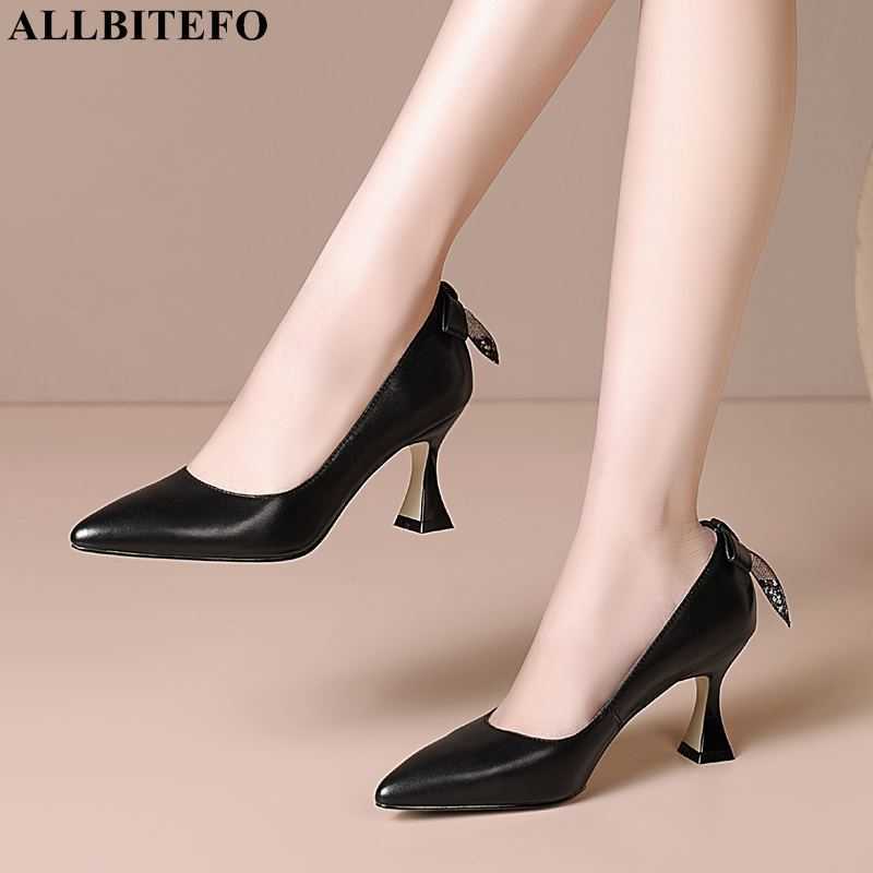 

ALLBITEFO full genuine leather bowtie brand high heel shoes high heels weeding women shoes women high heels shoes size:33-43 210611, As picture
