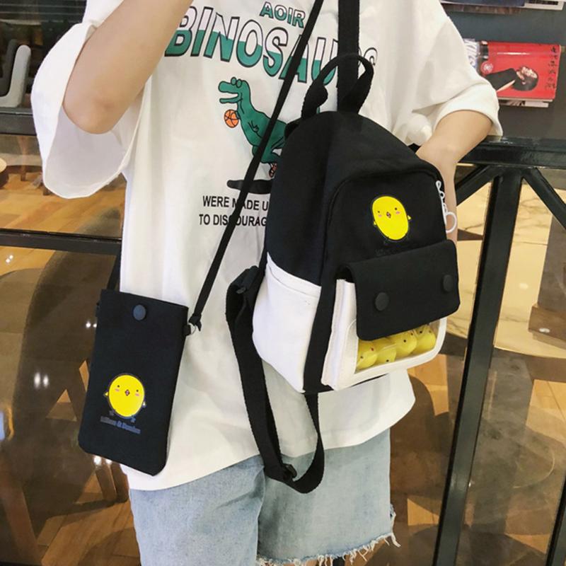 

School Bags Ladies Mini Canvas Bag Quality Street Backpack Fashion Contrast Color + Cartoon Women Small Phone For, Blue