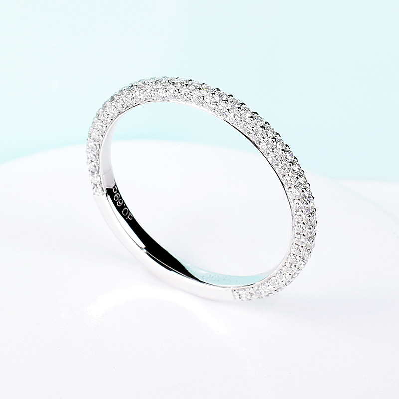 

Mossan stone ring women's 18K white gold row set with micro diamond three rows of diamond full diamond wedding ring, Silver