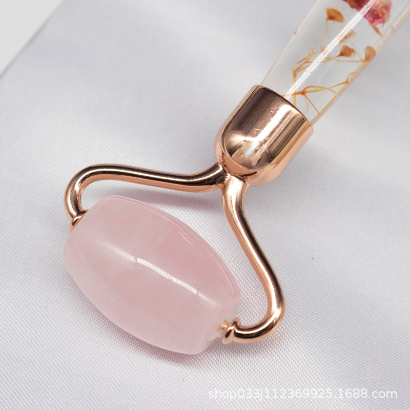 

Generation Flower Stem Jade Roller Roller Pink Crystal Crystal Beauty Massager Roller Set Gua Sha Scraping Massage Tool Customization