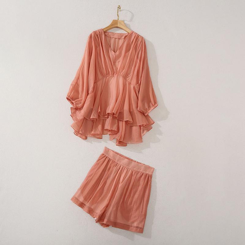

Women' Tracksuits Est HIGH QUALITY 2021 Summer Fashion Designer Suit Set Sexy V-Neck Sweet Flowing Ruffles Tops Shorts, As pic