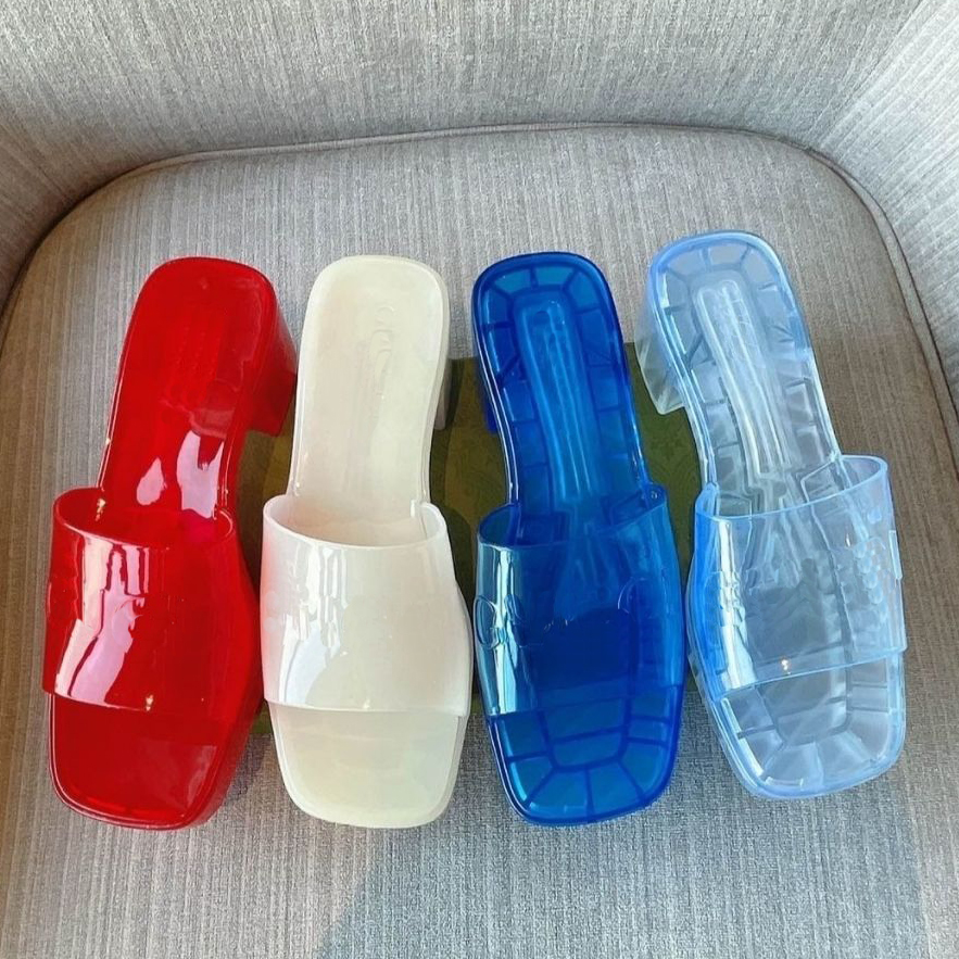 

2021 Women Sandals High Heels Rubber Slide Sandal Platform Slipper Chunky 2.4"heel height Shoes Summer Embossed Flip Flops Transparent 4 colors with box 267