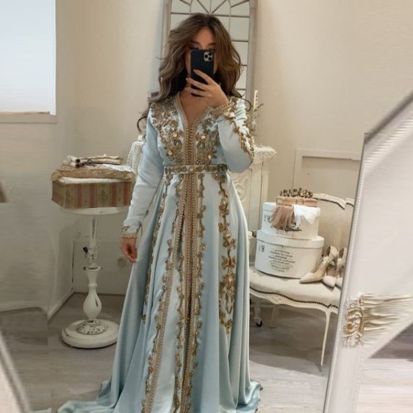

Blue Moroccan Kaftan 3D Lace Beaded Evening Dress Custom Vestido de Renda Groom Mother Formal Party Dress New Arrival, Champagne