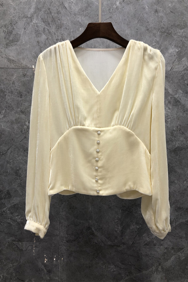 

French Style Lantern Sleeve Short Silk Velvet Shirt Womens Autumn European Goods New Hong Kong Style Top 9Z, Apricot