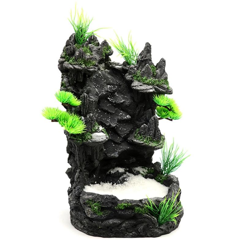 

Decorations 17x16x26cm Aquarium Mountain View Stone Ornament Rock Waterfall With White Sand Landscape Fish Tanks Resin Decor Pump Required