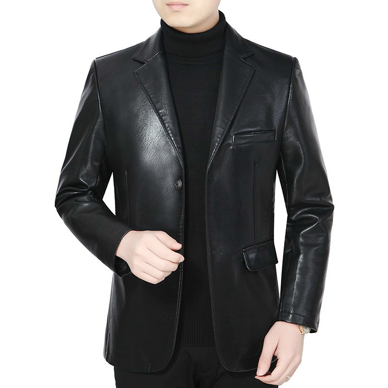 

2021 Pu Suit Jacket Korean Slim Fit Coat Business Casual Blazer Men Autumn New Fashion Leather Jackets Male Hot Sale 8vpo, Black