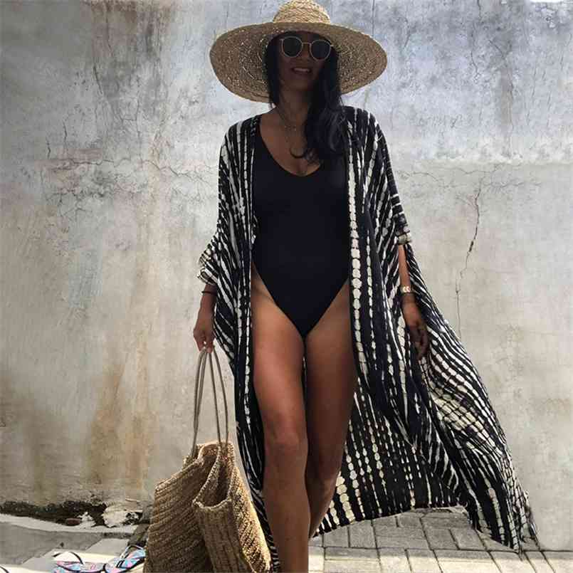 

Bikini Cover-ups Black Retro Striped Self Belted Plus Size WomenSummer Kimono Dress Beach Wear Swim Suit Cover Up Q1225 210722