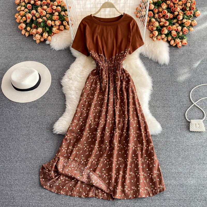 

summer brown printed patchwork long dress for women round neck short sleeve high waist big swing slim maxi vestidos 2021 new, Black;gray