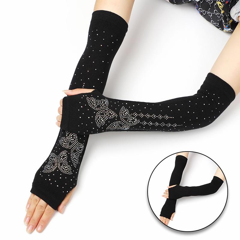 

Five Fingers Gloves Women' Winter Rhinestone Half-Finger Knitted Elastic Arm Cover Long Fingerless Hand Warmer Mittens, Blue;gray