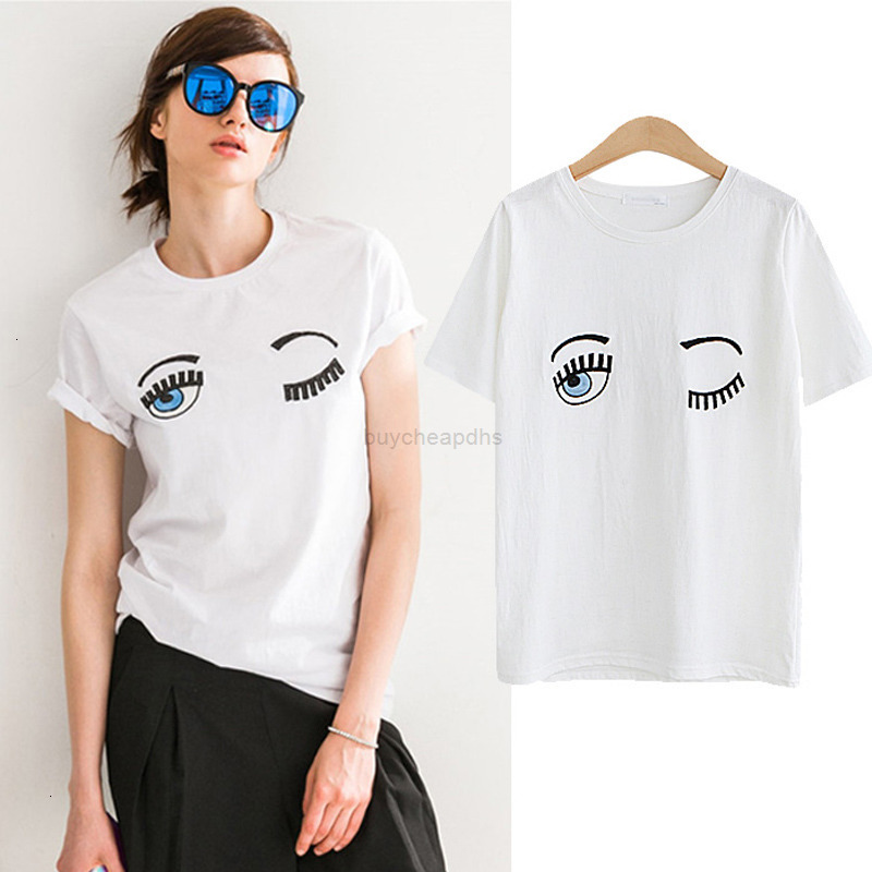 

Summer Cotton Women T Shirts Chiara Ferragni Fashion Big Eyes Embroidery Sequins Loose Style T Shirts Women Casual Tops CS3, White