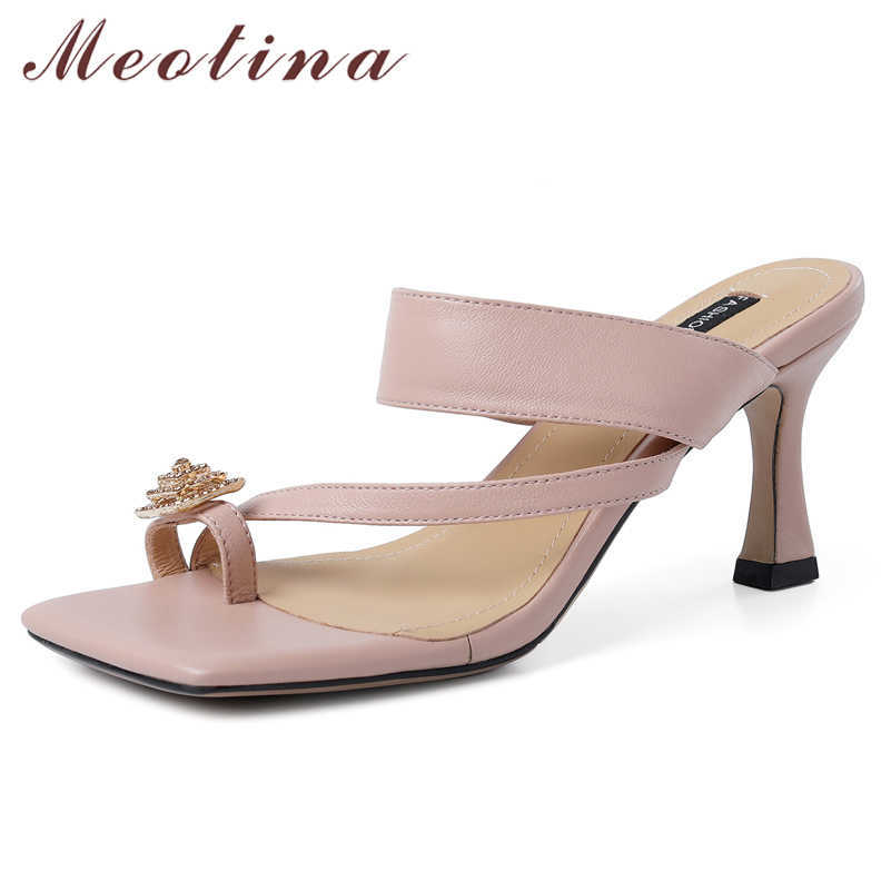 

Meotina Women Slippers Genuine Leather Sandals Square Toe Thin Heel Slides High Heel Sheep Skin Ladies Footwear Summer White 210608