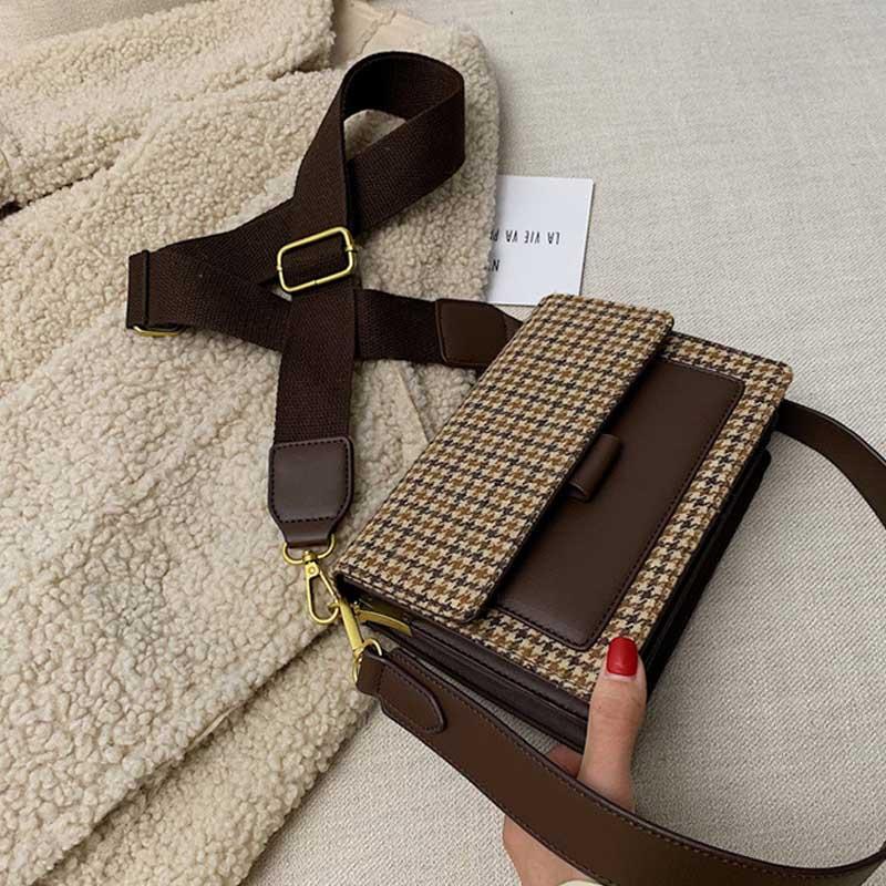 

Fashion Women Shoulder Bag Plaid Panelled Flap Small Messenger Handbags 2021 New Spring Wild Canvas Belt Female Travel Tote Bag, Coffee bag