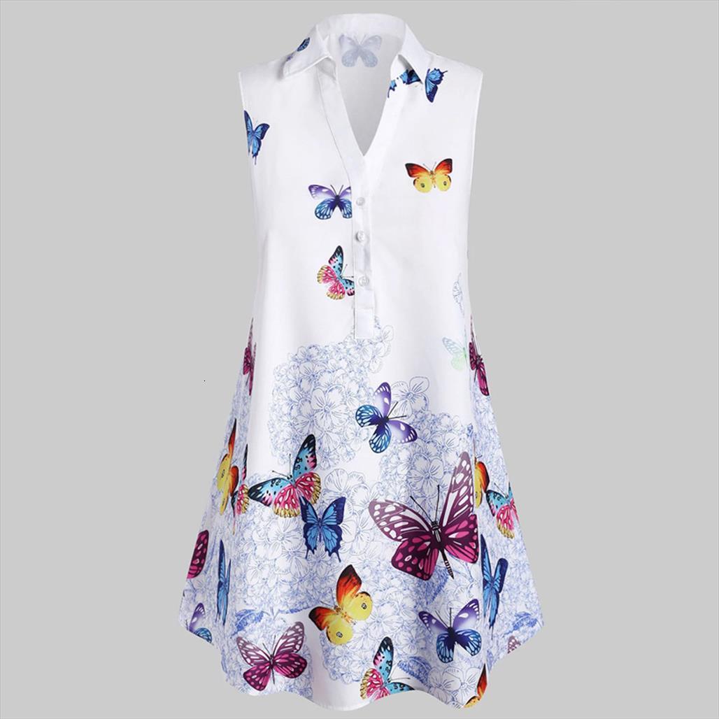 

4 casual summer womens dress plus size sleeveless butterfly print office wear blusas mujer, Black;gray