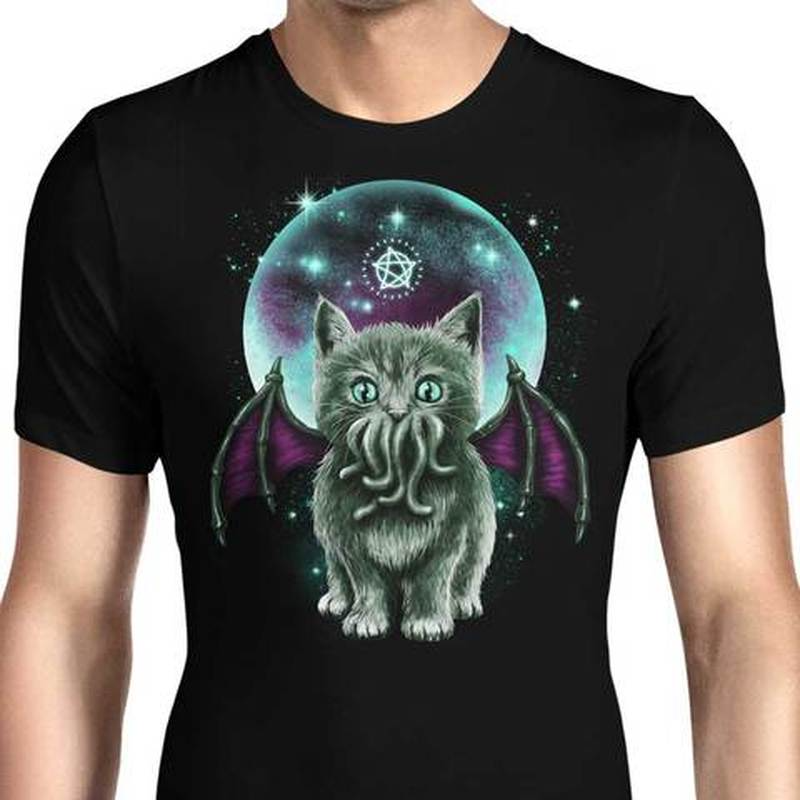 

European style bat cat pattern ins wind round neck short-sleeved T-shirt for men and women, comfortable and loose, White;black