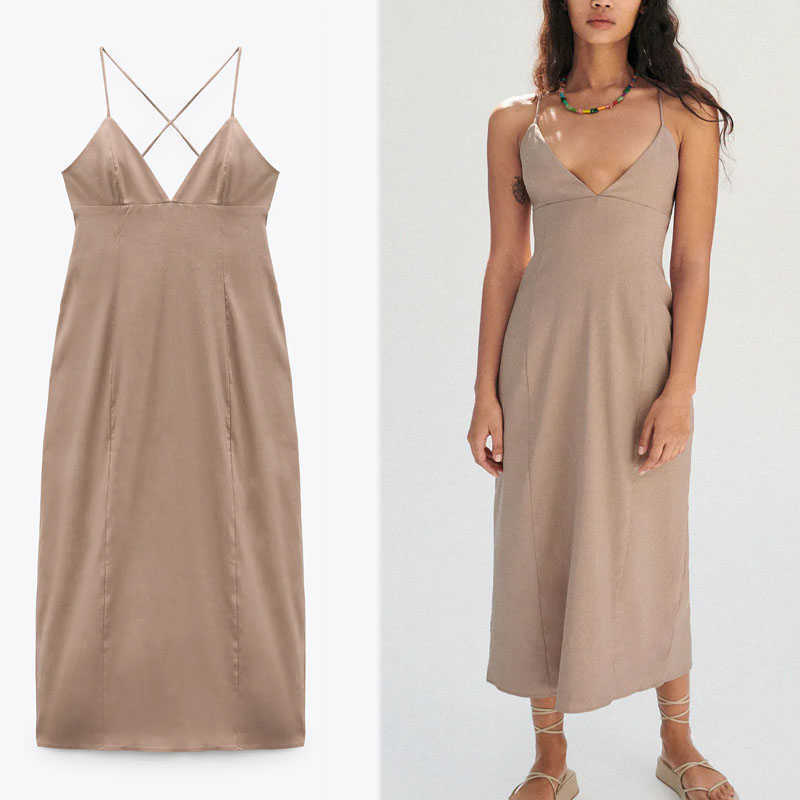 

Za Sexy Backless Evening Dresses Women Sleeveless Cross Straps Linen Summer Dress Chic Back Zip Woman Back Slit Long Party Dress 210602, As picture