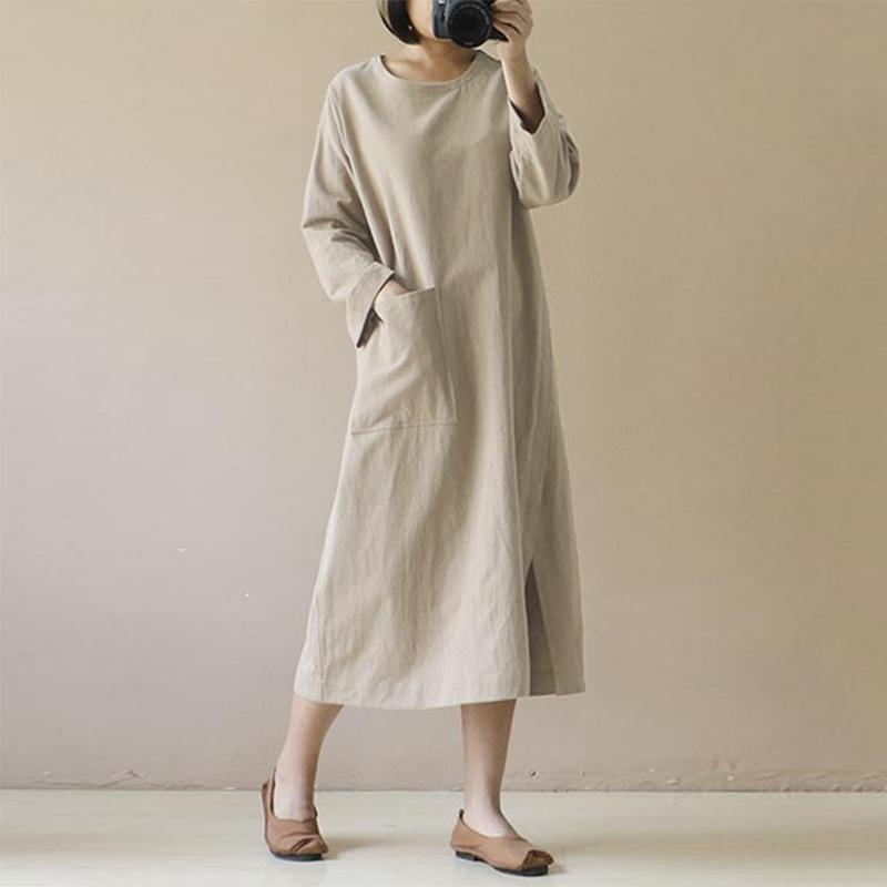 

Casual Dresses S-5XL Loose Cotton Linen Women Midi Dress Long Sleeve Split Female Spring Autumn Robe Pocket Sudress Plus Size 120850WLA, Black;gray