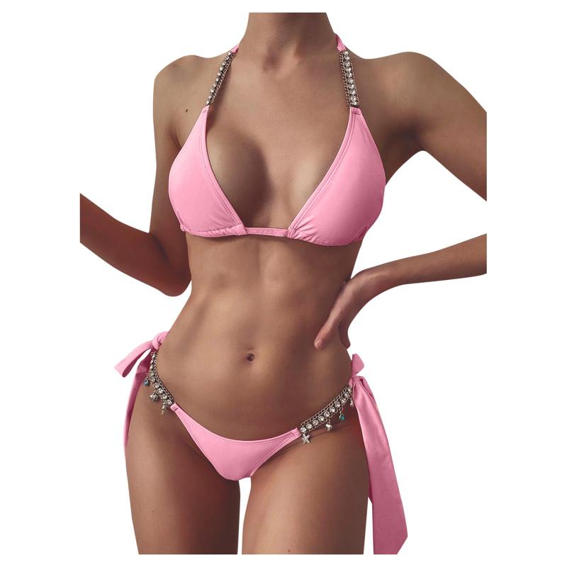 

Women' Swimwear Two Pieces Sexy Mujer Women Push-up Padded Bra Rhinestone Bandage Bikini Set Swimsuit Beach Bathing Suit, Pink