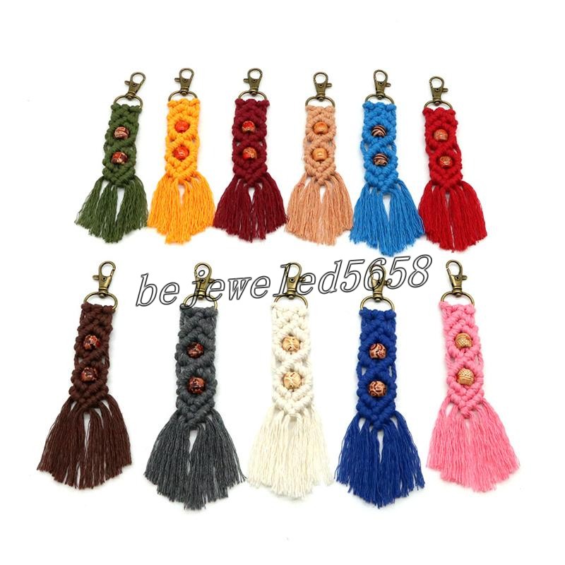 

Bohemian Tassel keychain wood bead Macrame Key Chain Handmade Cotton Thread keyRing Bag Charm Gifts for Women Accessories