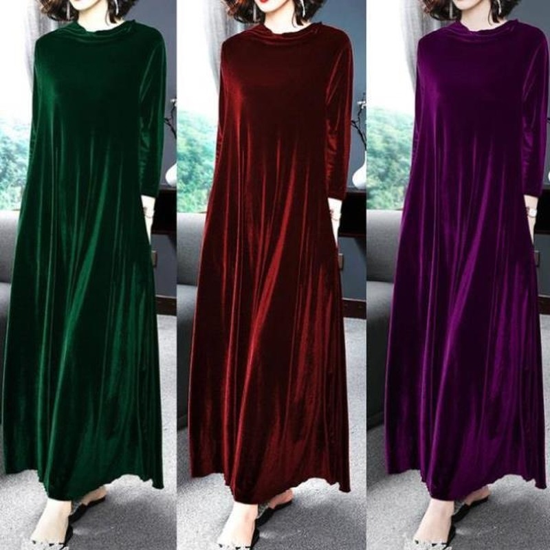 

Black Velvet Dress Women Loungewear Middle Aged Plus Size Home Dresses for Women 2021 Elegant Velveteen Midi Red Dress, Black;gray
