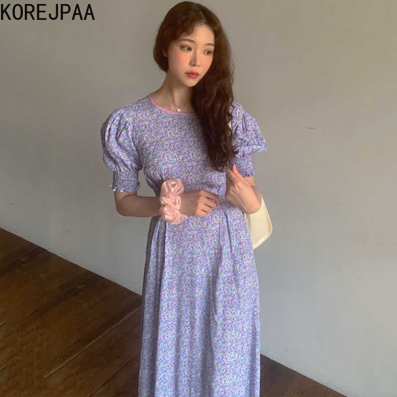 

Korejpaa Women Dress Summer Gentle Temperament Round Neck Halter Back Lace Pleated Design Slim Floral Puff Sleeve Vestidos 210526, Purple