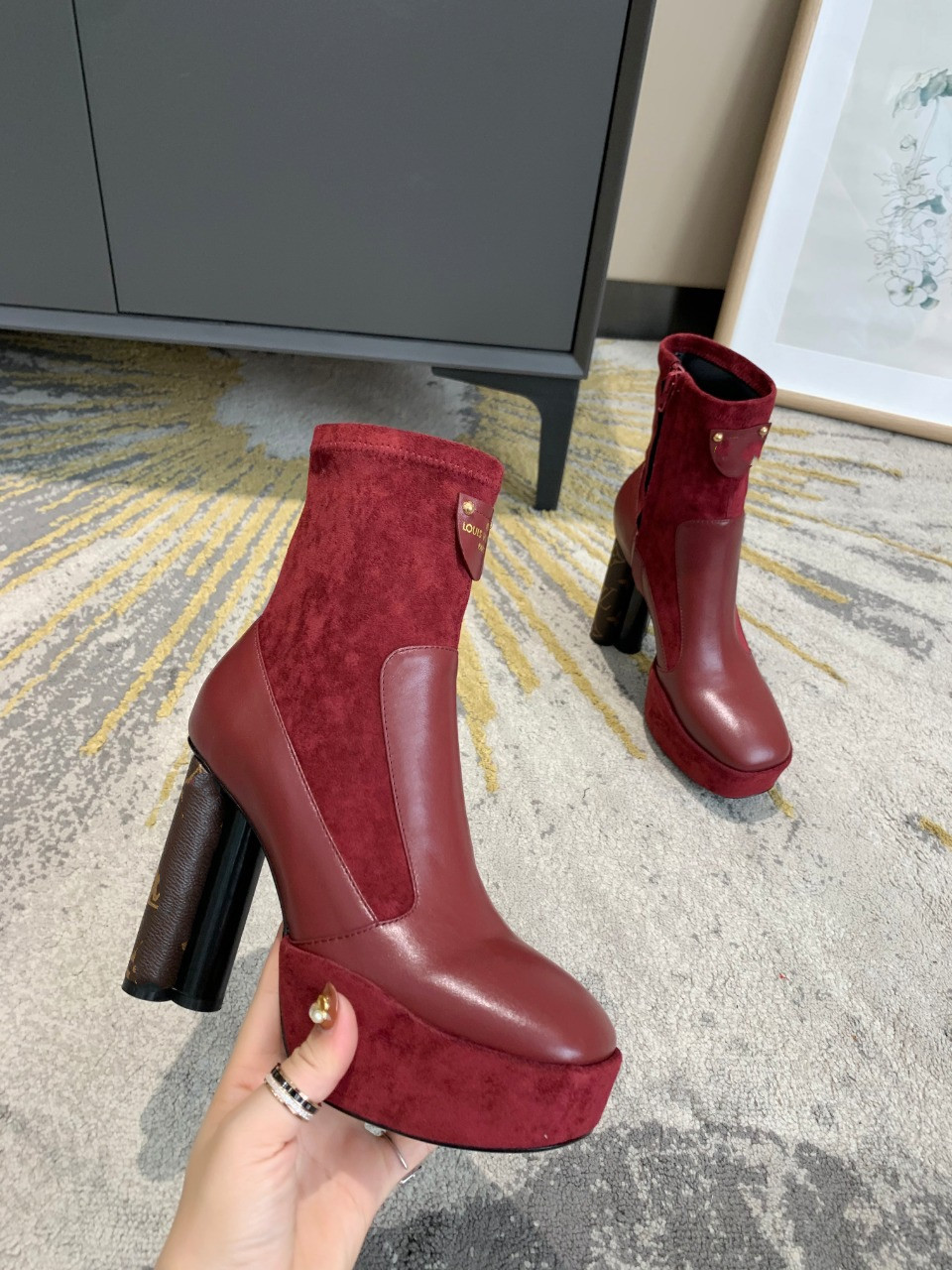 

Fashion casual color matching square toe women's designer boots all-match non-slip suede women boot cowboy, Box