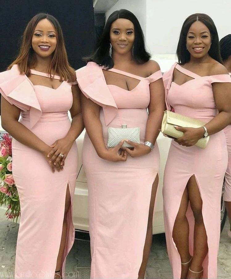 

2021 Sexy Blush Pink Mermaid Bridesmaid Dresses One Shoulder High Side Split Floor Length Ruffles Garden Beach Summer Wedding Guest Party Gowns Maid of Honor Dress