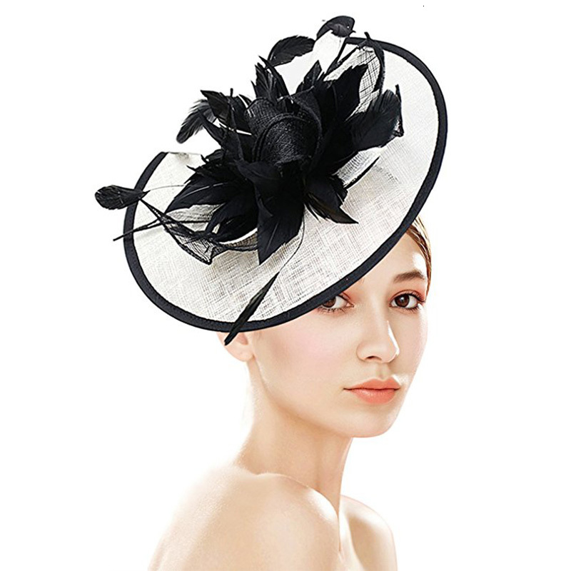 

2021 New Women White Black Sinamay Fascinators Headband Ladies Feather Floral Veil Derby Wedding Hats Cocktail Race Party Headpiece Jcwc