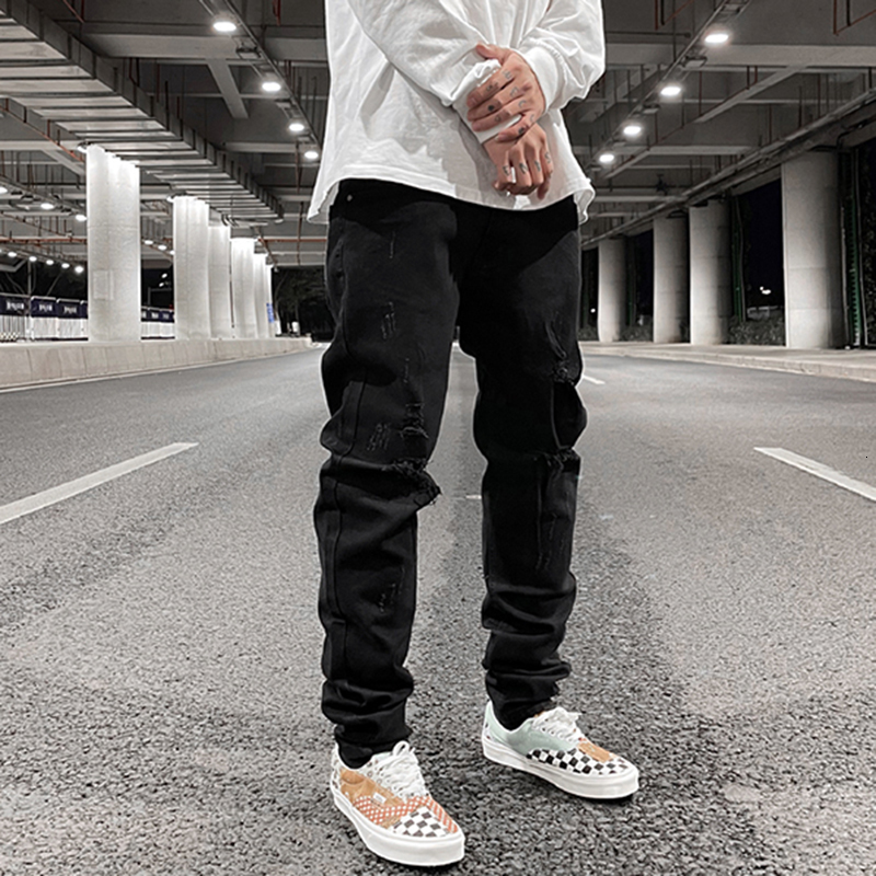 

2021 New High Street Knee Hole Washed Jeans Men and Women Solid Harajuku Loose Casual Pencil Pants Hip Hop Baggy Denim Trousers Mcfs, Black